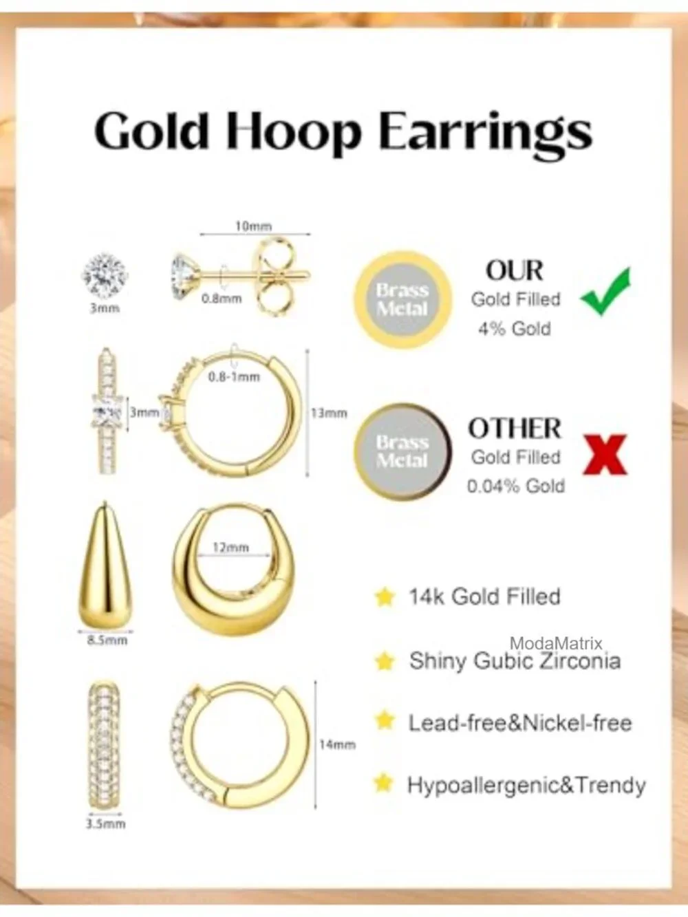Hypoallergenic 14K Gold Plated Hoop Earrings Set Stainless Steel